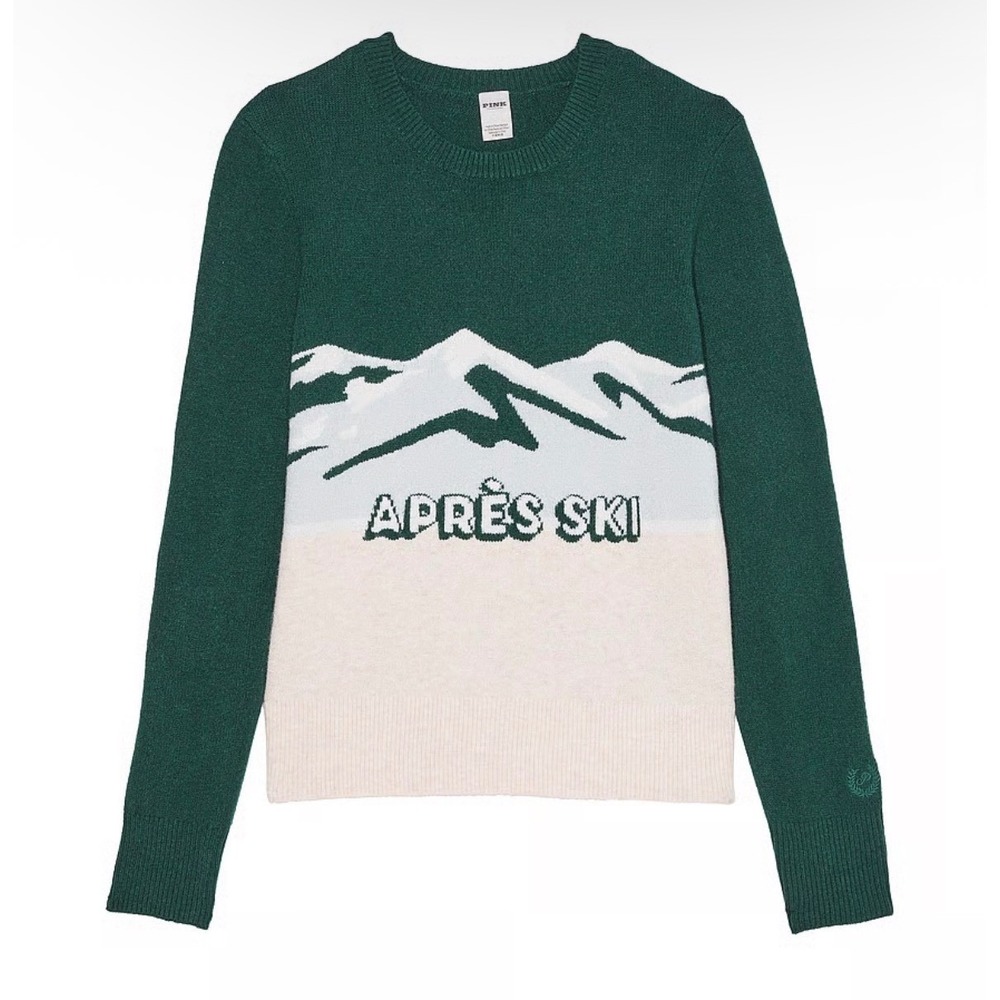 Victoria's Secret PINK Apres Ski Mountain Graphic Crewneck Sweater Green S NWT